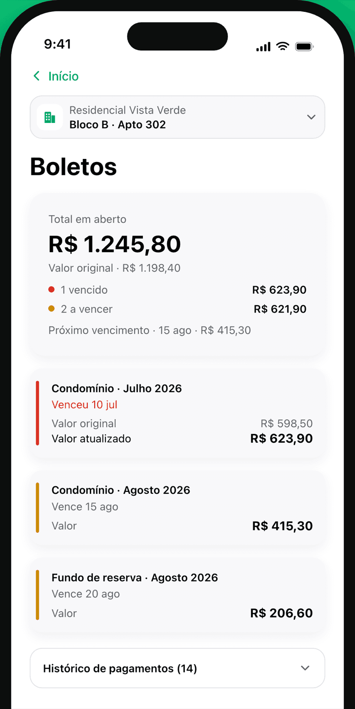 Lista de boletos vencidos e a vencer no app Garantiza Moradores