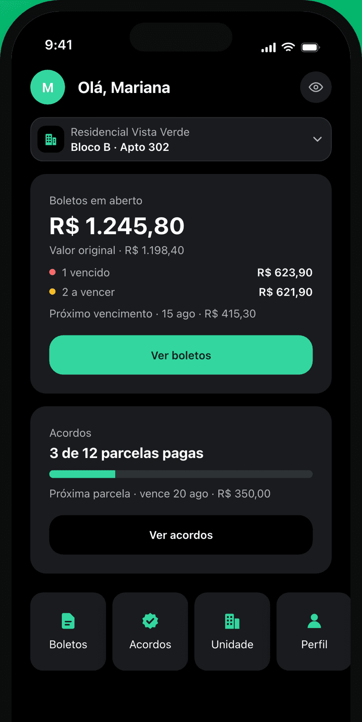 Tela inicial do app no modo escuro