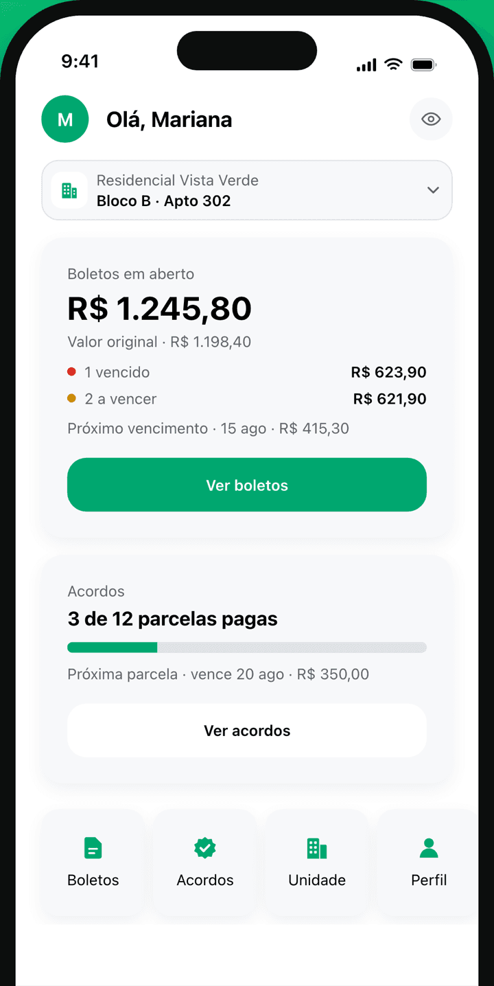 Tela inicial do app Garantiza Moradores com boletos em aberto e acordos