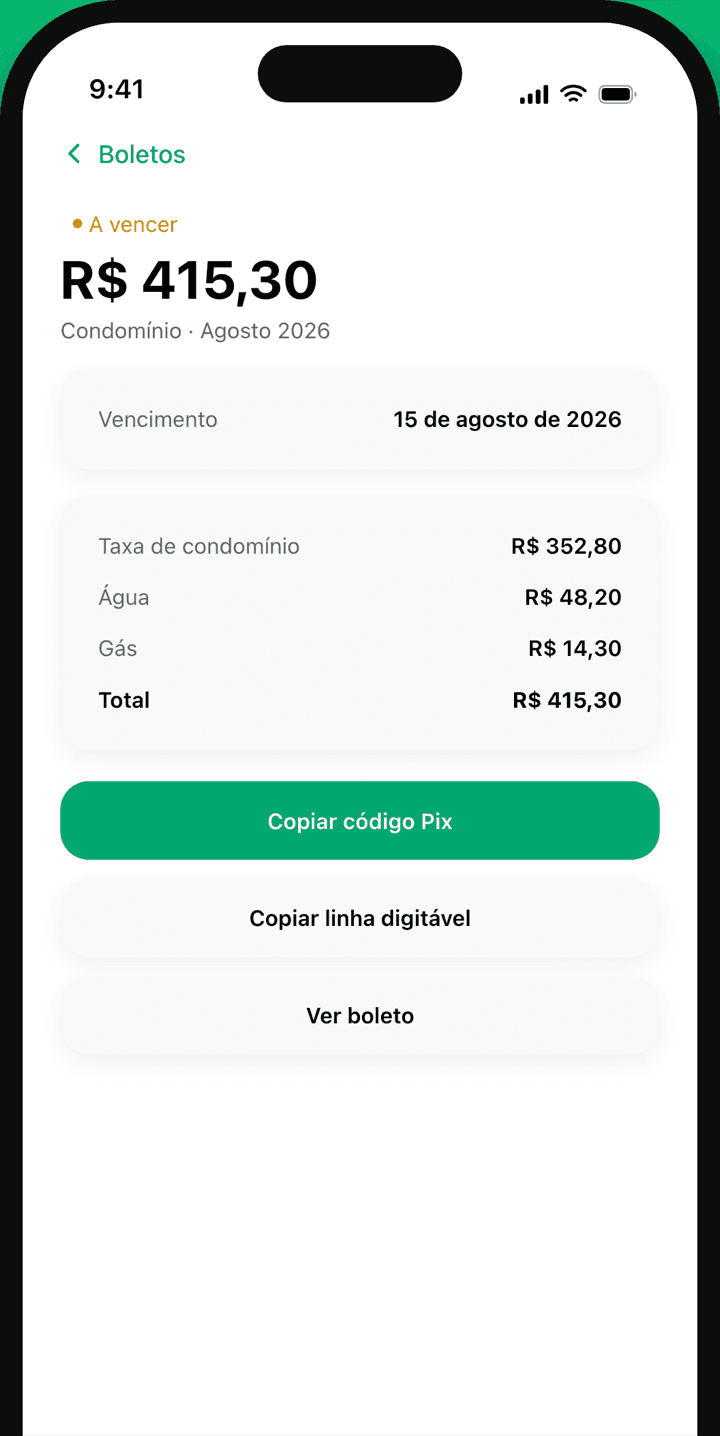 Detalhe do boleto com botões de copiar código Pix e linha digitável