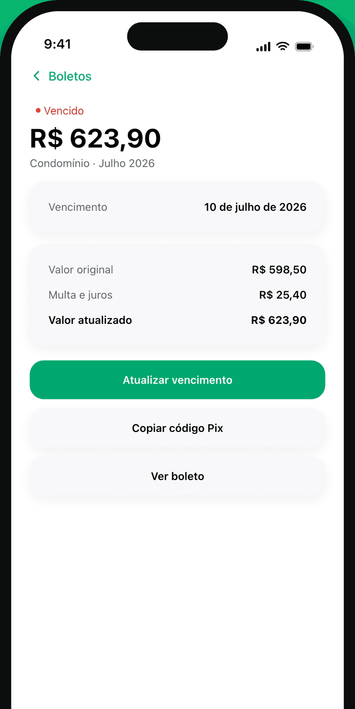 Tela de atualização de vencimento e emissão de segunda via